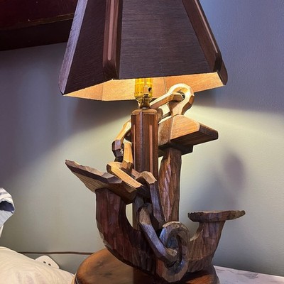 Vintage Maine State Prison Hand Carved Wood Nautical Table Lamp Anchor Folk Art