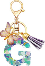 Initial Letter Keychains for Girls Women Pink Purple Green Cute Butterfly Heart