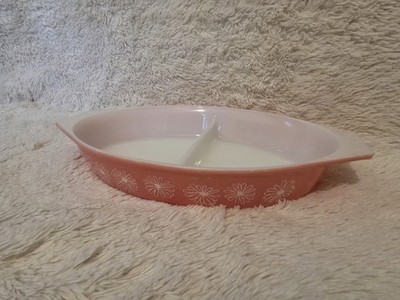 Vintage 50er Jahre Pyrex JAJ rosa Gänseblümchen oval 2179 geteilt Gemüse Auflaufform