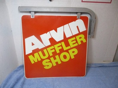 Vintage Arvin Muffler Shop Metal Sign Two Sided Hanging / Swinging With Bracket