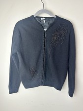 Vintage 1950's 60's  Lambs Wool  Angora Beaded Cardigan Sweater Black Large
