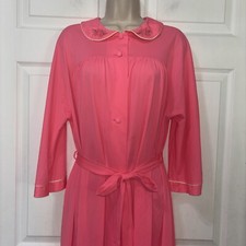 Vintage LORRAINE Sz L Nylon Belted Long Robe House Coat Neon Pink Pocket LS