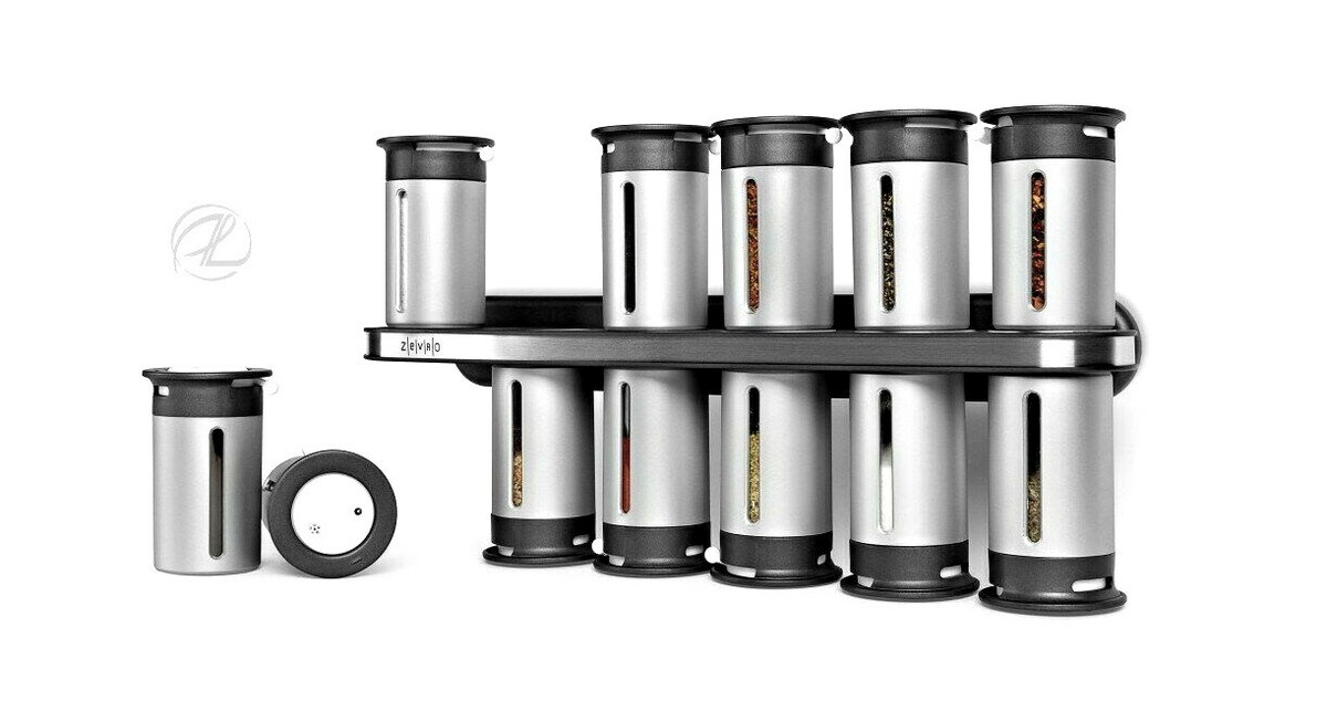 Zevro Spice Rack Gravity Magnetic NEW 12 Canisters Black Silver