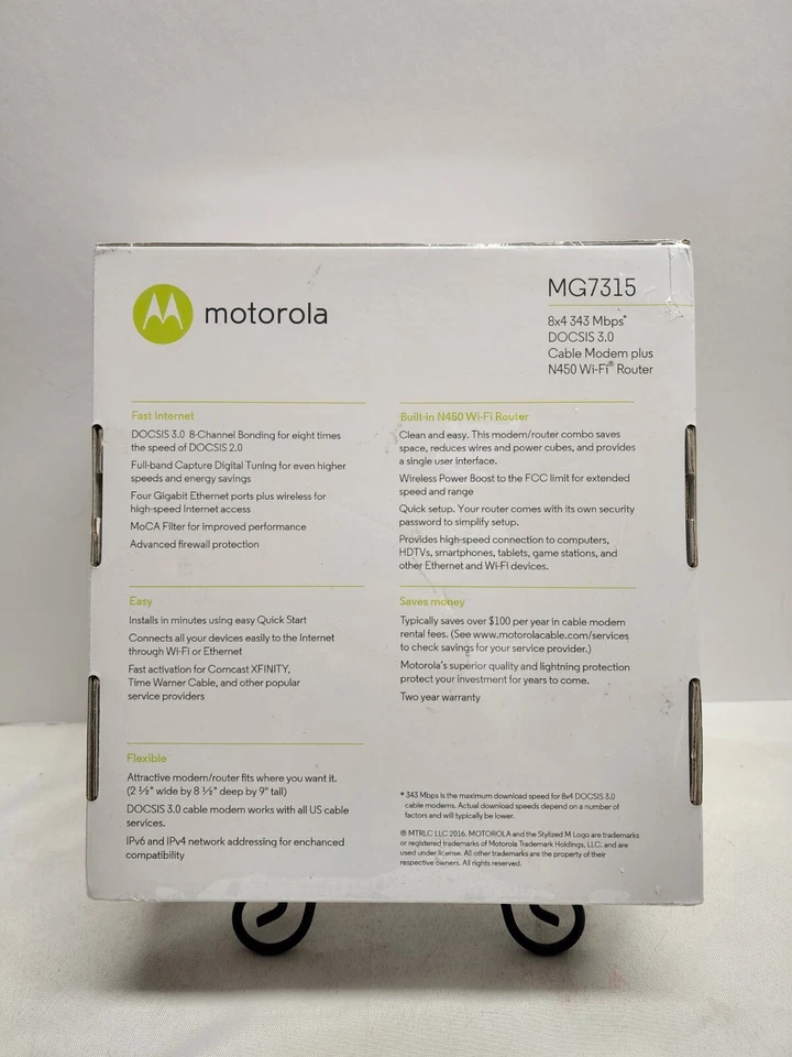 Motorola MG7315 8x4 343 Mbps DOCSIS 3.0 Cable Modem Plus N450 Wi-Fi Router - NEW - Image 4 of 4