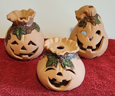 Set of 3 Jack-O-Lanterns Vintage Terracotta Halloween Pumpkin