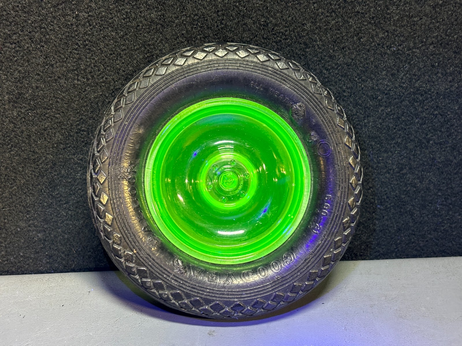 Vintage Goodyear Balloon Hubcap Style Uranium Glass Rubber Tire Ashtray