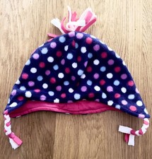SAINSBURYS TU GIRLS FLEECE HAT PURPLE WITH MULTICOLOUR POLKA DOTS AGE 6-12 MTHS