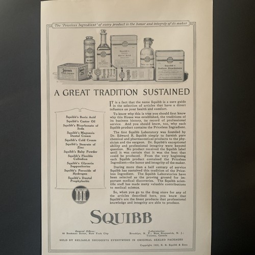 Anuncio de anuncio sostenido vintage de 1922 Squibb Tradition - Imagen 2 de 2