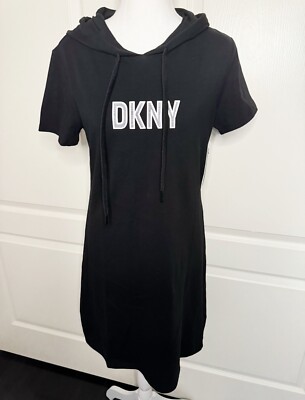 DKNY Women's Logo Heathered Hoodie Dress- black M/L)