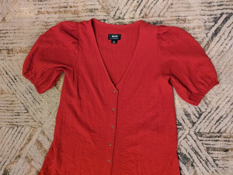 Vestido Midi Maeve Anthropologie Scarletta Vermelho Seersucker Boho Abotoado XXSP Pequeno - Imagem 4 de 4