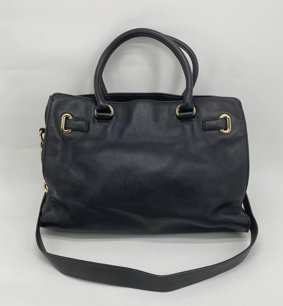 Michael Kors MK Hamilton Tote Satchel Black Gold Bag Pebbled Leather