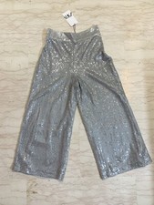 ZARA PANTALONI CULOTTE ZAMPA PAILLETTES ARGENTO TAGLIA S