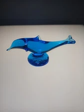 Vintage Lo Ward 1993 Signed Blue Blown Art Glass Dolphin Figurine Paperweight