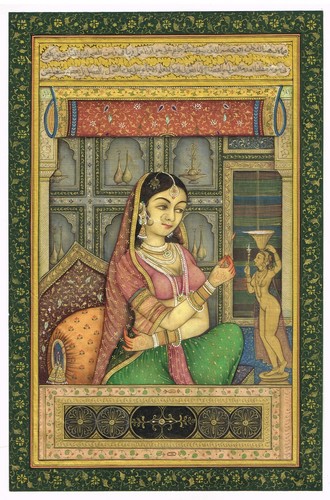 Miniature Painting Of Rajput Queen Burning The Lamp Vintage Art 6.5x10 Inches - 第 1/7 張圖片