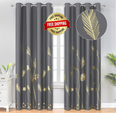 Cortinas 52X84 pulgadas, 2 paneles para sala de estar con de hojas de palma dora
