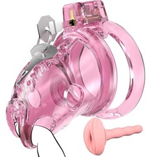 Male Chastity Cage  Lightweight Pink Penis Cage with Soft Plastic Front & 6 S...