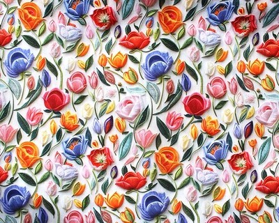 Baumwollstoff - 3D bestickt Blumenmuster - Little Johnny Bastelstoff Material