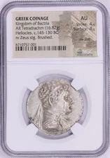 Kingdom of Bactria Heliocles Dikaios 145-130 BC AR Tetradrachm NGC AU 4/5 4/5