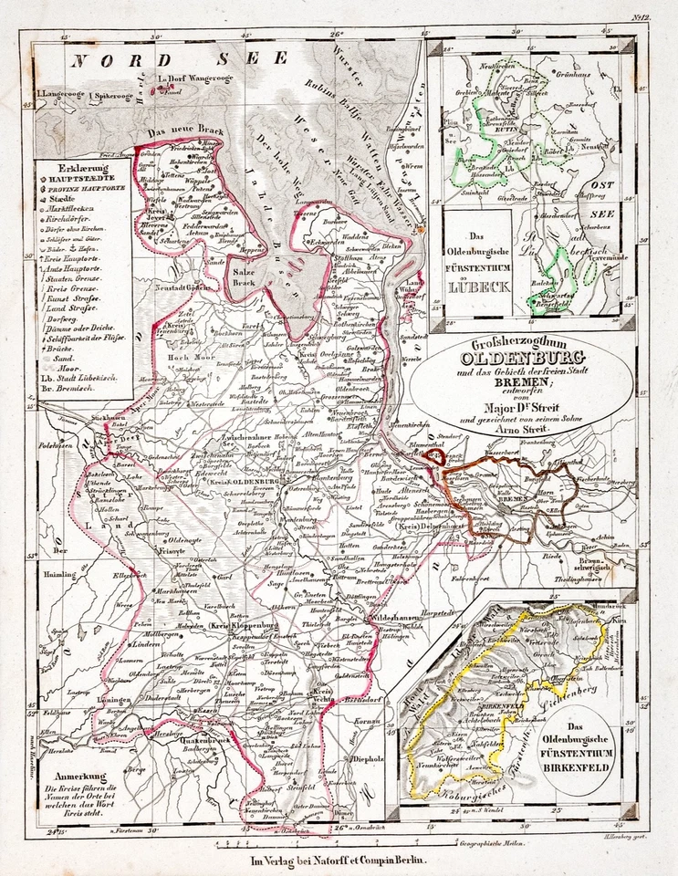 Oldenburg Bremen  Landkarte Stahlstich von Streit 1837 Passepartout