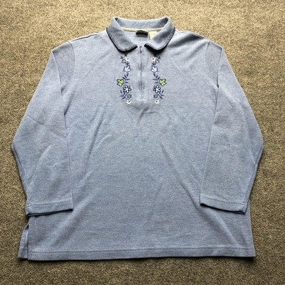 Classic Elements Sweater Womens 16/18W Blue Floral 1/4 Zip Collared Embroidered
