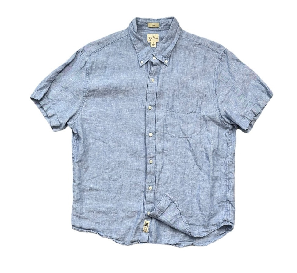 J.CREW Shirt Mens Size Large Blue Short-sleeve Baird McNutt Irish Linen Shirt