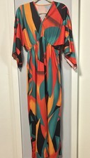 Women’s Multicolor Abstract Print Maxi Dress Split Tropical 3/4 Sleeve Stretch 