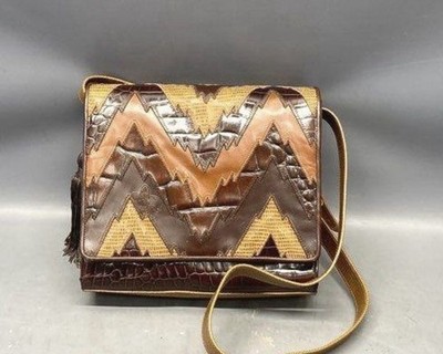 Vnt 80s Sharif Patchwork Leather Reptile Zig Zag Shoulder Crossbody Bag Purse