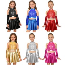 Kids Girls Sets Costume Dancewear Sleeveless Outfit Gloves Dance Flared Skirt