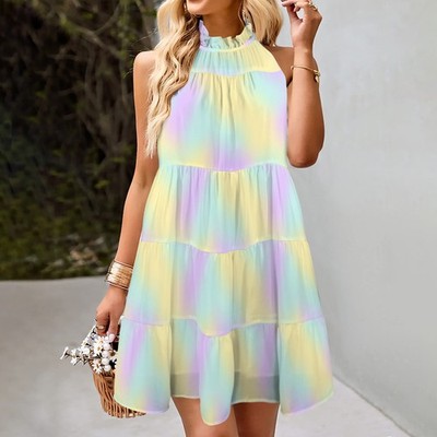 Womens Halter Neck Mini Dress Pastel Gradient Sleeveless Summer