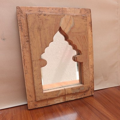 Antique Indian Mughal Arch Mirror Natural Raw Wood Architectural Salvage 13x10in