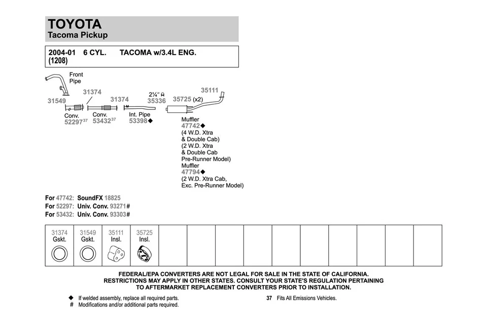 For Toyota Tacoma 00-04 Walker 53398 Aluminized Steel Exhaust Intermediate Pipe Foto 2 de 3