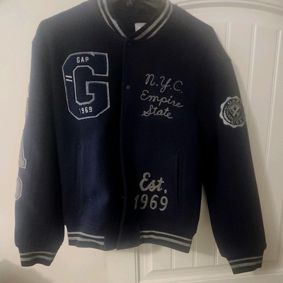 GAP Navy Wool Blend Varsity Bomber Jacket NYC Empire State Logo. NWT. Free Ship