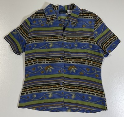 Vintage Bridgetown Silk Button Up Blouse Sz S Loop Collar Floral Funky Art Y2K