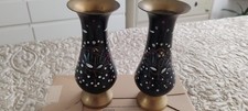 Pair Vintage Mid Century Modern Engraved Paint Painted Brass Peacock Bird Vases
