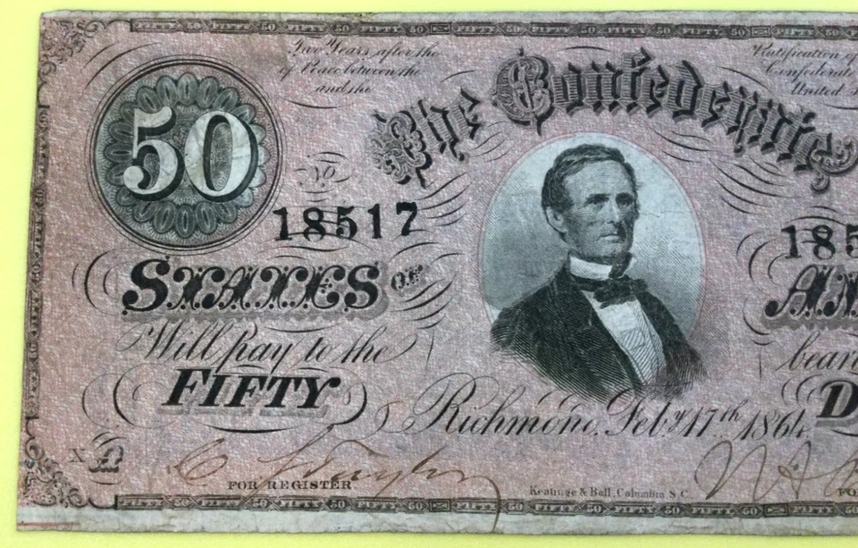 1864, T-66, 50$ Confederate Bank Note, #18517, Richmond VA, A series. - Image 2 of 4
