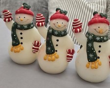 3 Vintage Cheerful Snowman Candle, W/Mittens, Hat, and Scarf 6" tall, Never Lit