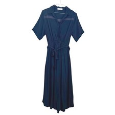 AURA Black Midi Dress Short Sleeve Collared Lace Accents Belted Career Casual L