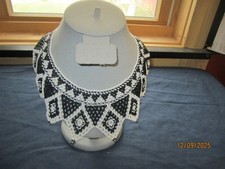 Vintage Hand Beaded Wide Black  White Collar Choker Statement Necklace