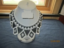Vintage Hand Beaded Wide Black & White Collar Choker Statement Necklace