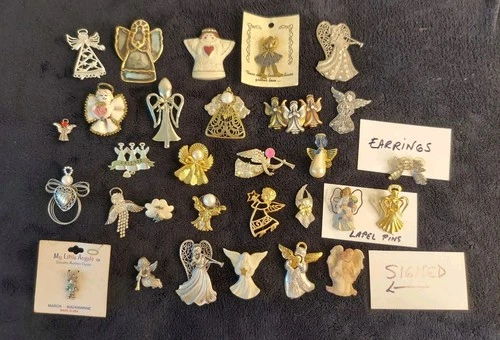 Lot 30 Angel Brooches Pins Earrings Vtg to Now Costume Jewelry Some Signed