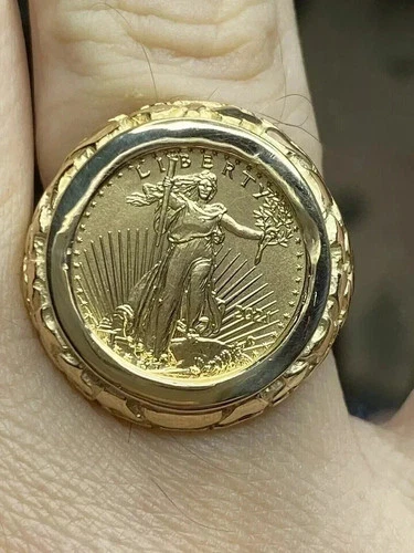 Lady LIBERTY Coin Nugget Men's Wedding Ring Jewelry Gift 14K Yellow Gold Plated