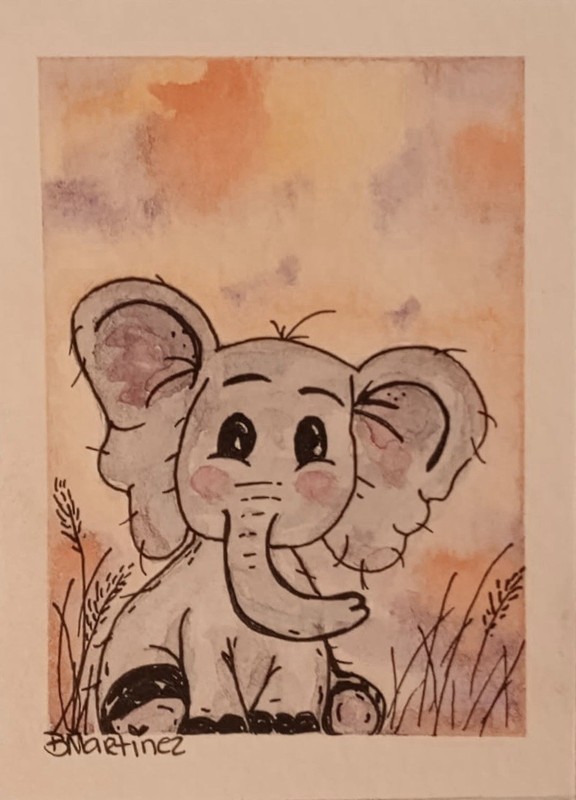 Aceo Original Cute Elephant In Wheat Grass “A Day In Wheatgrass”