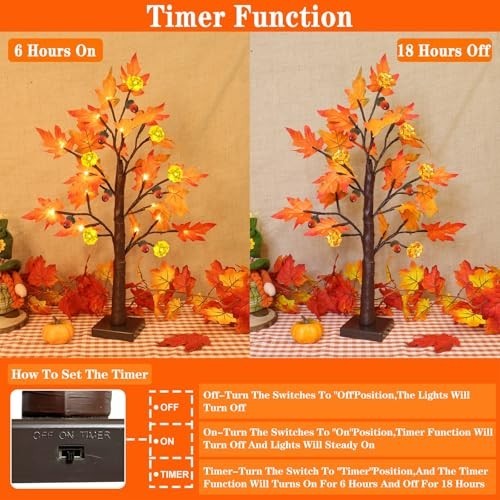 2 Pack 24" Prelit Fall Maple Trees - 48 LED Timer Table Lights, Battery Operated - Picture 3 of 7