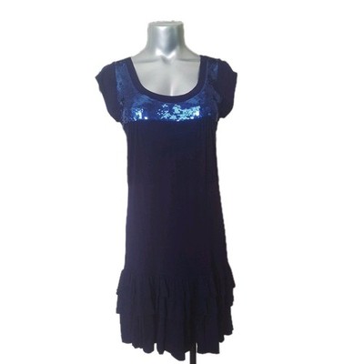 VTG Y2K LA ROK Blue Sequin Mini Dress SZ L Tiered Ruffle Skirt Short Sleeve $199