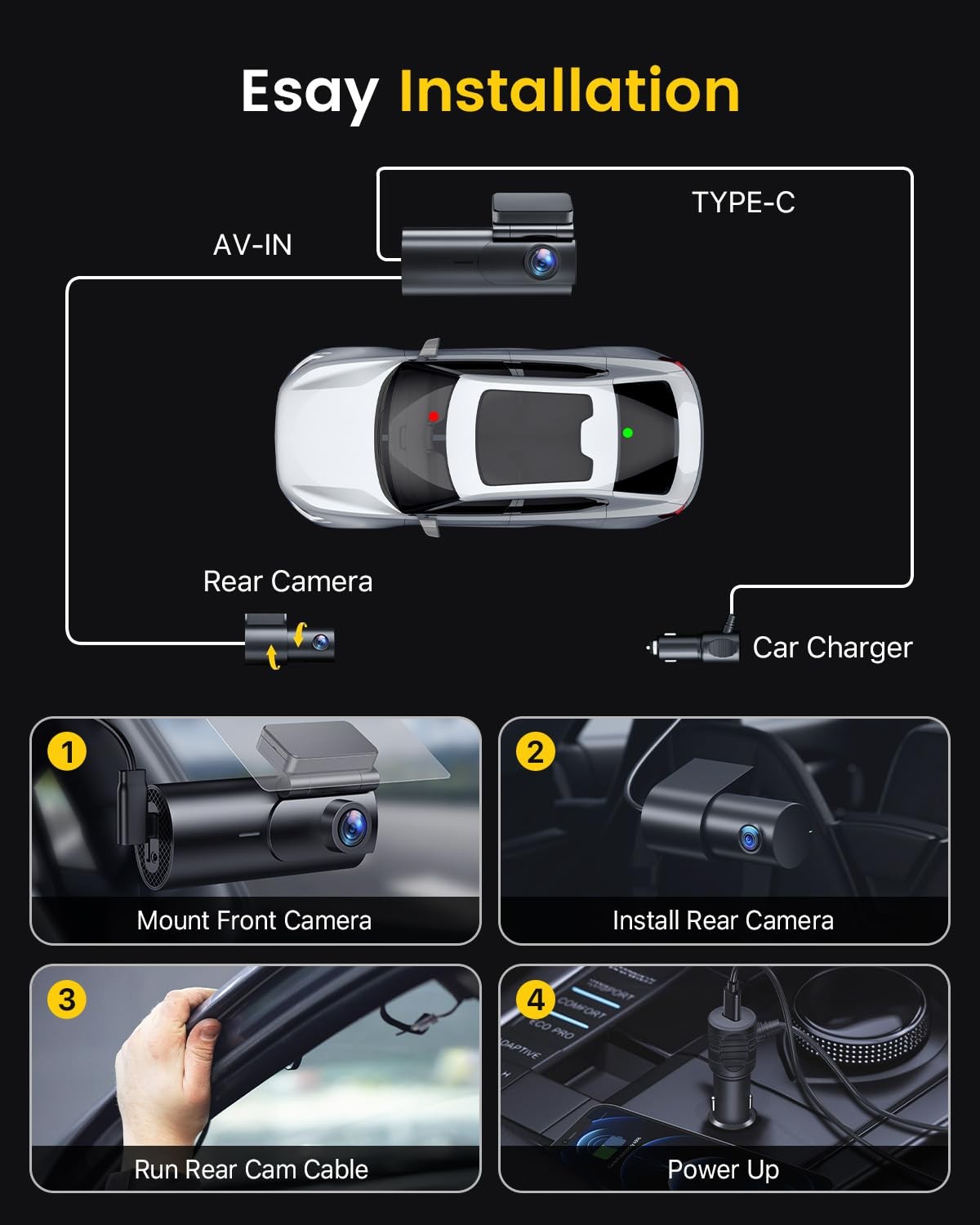 GKU 4K Front Rear Dash Cam Dual Camera 1080P WiFi Night Vision 170 Wide Angle