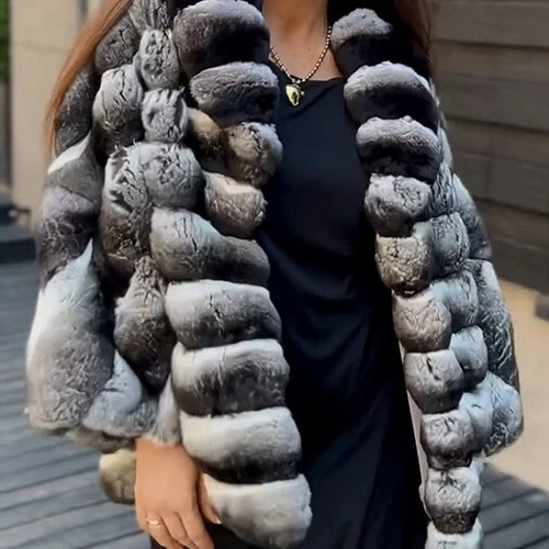 2025 Elegante Frauen Echte Rex Kaninchen Pelz Mantel Chinchilla Mantel Neu Jacke - Picture 1 of 8