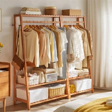 Heavy Duty Clothes Rack Solid Wood Garment w/ 3 Shelves Purse Hanging Side Hooks