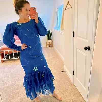 Vintage Handmade Blue Embellished Long Sleeve Mermaid Maxi Gown Small | eBay Vintage Handmade Blue Embellished Long Sleeve Mermaid Maxi Gown Small | eBay