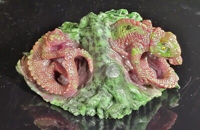 Vintage Southeast Asia Pink & Green Tourmaline Carving Dragon Lizards Statue