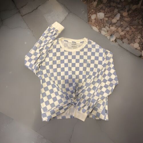 Vans Womens Checker Board Top Blue White Twist Front Long Sleeve Size Medium